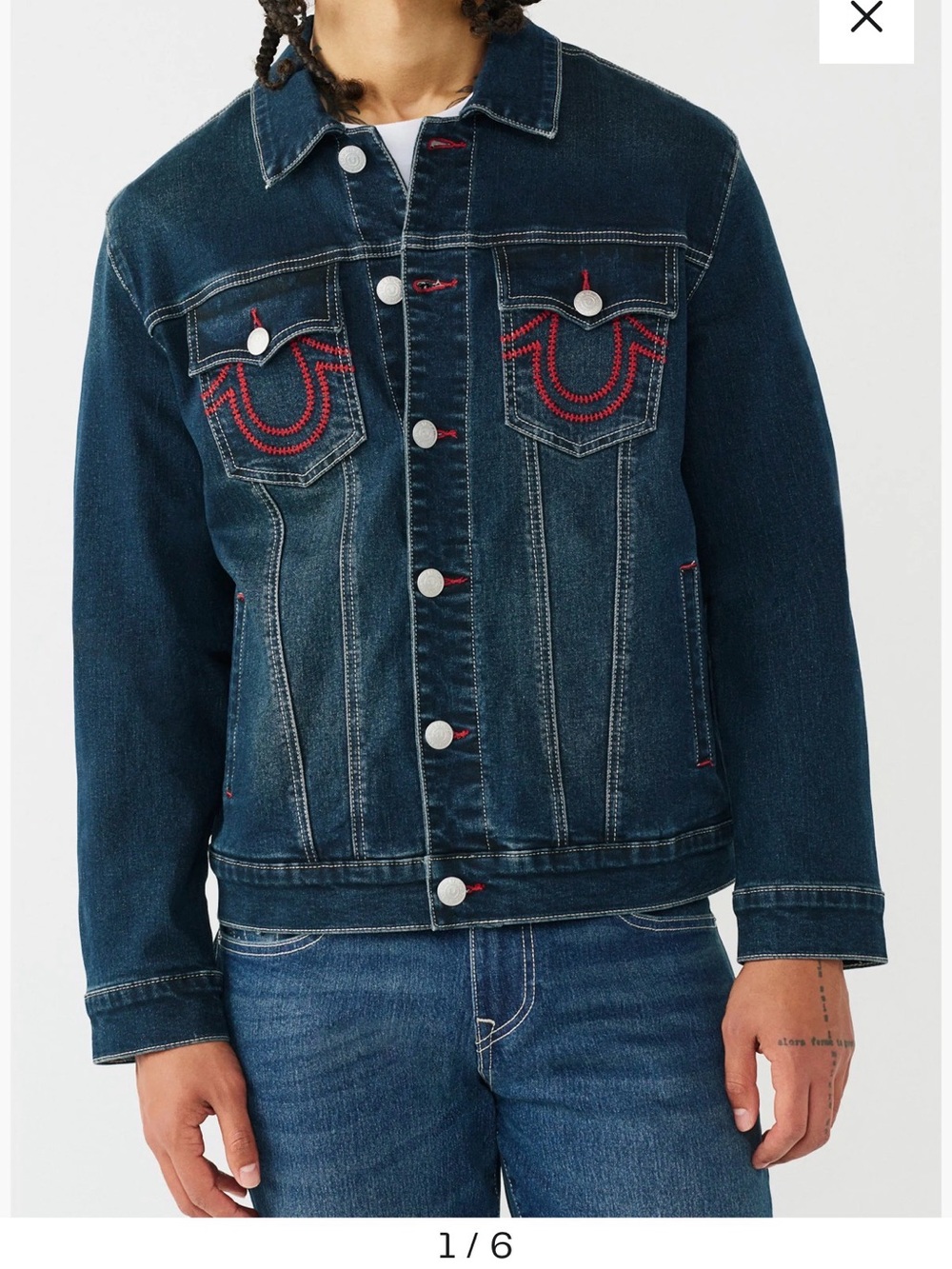 True Religion Dark Blue ladder stitch Denim Jacket with Red Stitching